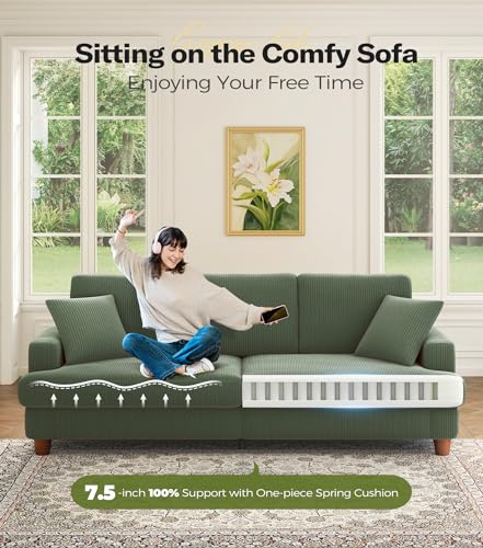 Modern 87in Green Corduroy Sofa with Pillows