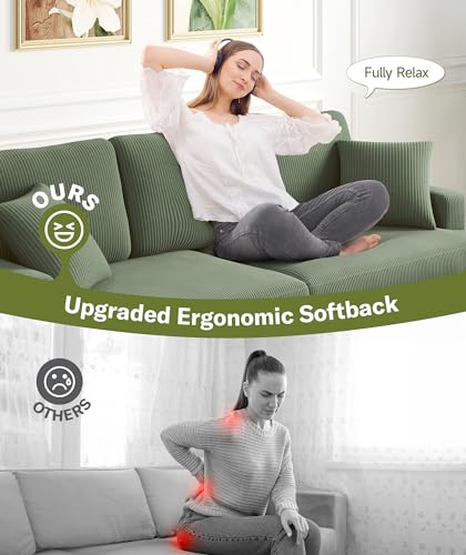 Modern 87in Green Corduroy Sofa with Pillows