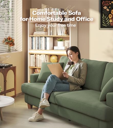 Modern 87in Green Corduroy Sofa with Pillows