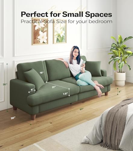 Modern 87in Green Corduroy Sofa with Pillows