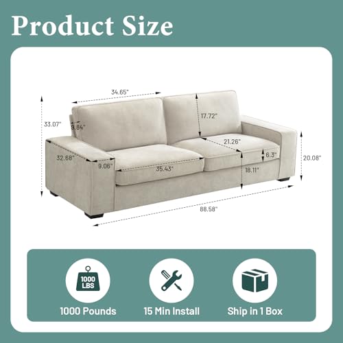 Modern 88" Chenille 3-Seater Sofa in Beige