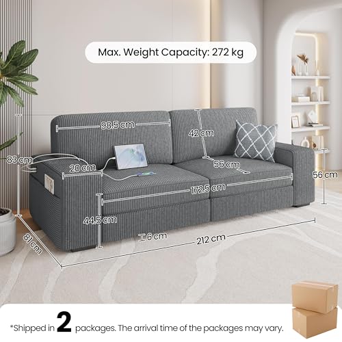 Modern Dark Gray 2-Seater Corduroy Sofa with USB