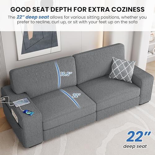 Modern Dark Gray 2-Seater Corduroy Sofa with USB