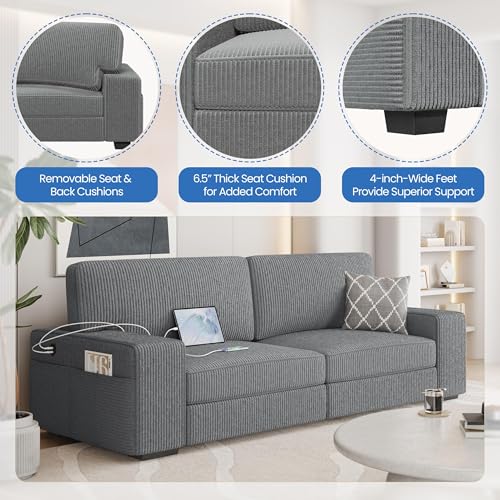 Modern Dark Gray 2-Seater Corduroy Sofa with USB
