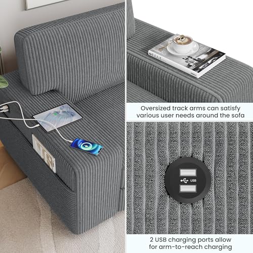 Modern Dark Gray 2-Seater Corduroy Sofa with USB