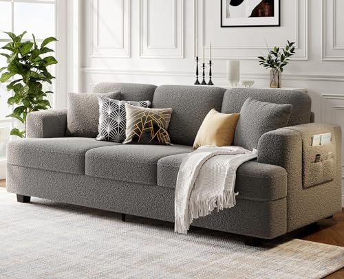 KKL Deep Seat Sofa 89" with Throw Pillow, Modern Sofa, Couches for Living Room, Comfy Sofa, Sleeper Couch, Bouclé, Dark Grey