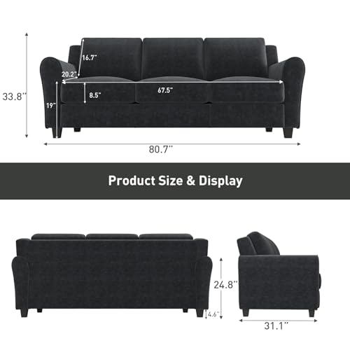 Bonzy Home 80.7" Sofa, 3 Seater Sofa Couch for Living Room, Modern Couch with Thick Cushion for Apartment Office, Black