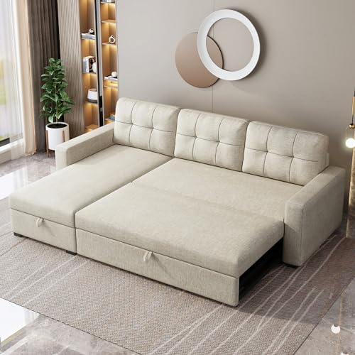 ACQCA 81.5" Sectional Sleeper Sofa with Storage Chaise, L Shaped Pull Out Couch Bed with 3 Removable Back Cushion for Living Room, Apartment,Office,Beige