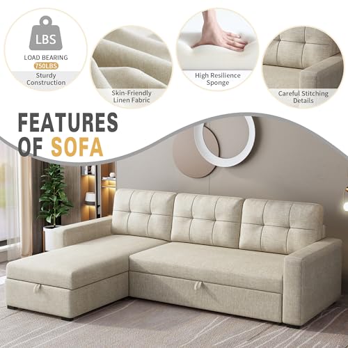 ACQCA 81.5" Sectional Sleeper Sofa with Storage Chaise, L Shaped Pull Out Couch Bed with 3 Removable Back Cushion for Living Room, Apartment,Office,Beige