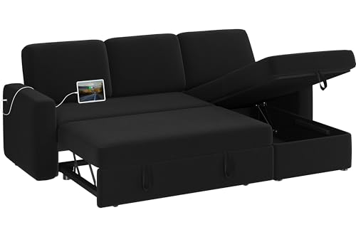 Yaheetech Sectional Sofa L-Shaped Sofa Couch Bed w/Chaise & USB, Reversible Couch Sleeper w/Pull Out Bed & Storage Space, 4-seat Fabric Convertible Sofa, Pull Out Couch for Living Room Black