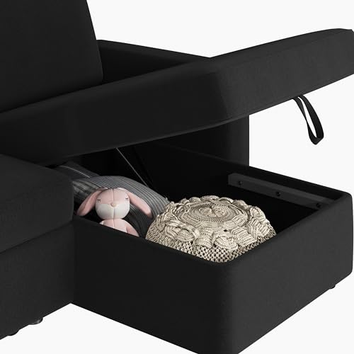 Yaheetech Sectional Sofa L-Shaped Sofa Couch Bed w/Chaise & USB, Reversible Couch Sleeper w/Pull Out Bed & Storage Space, 4-seat Fabric Convertible Sofa, Pull Out Couch for Living Room Black