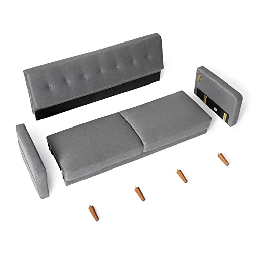 Mellow Adair Mid-Century Modern Sofa Couch with Armrest Pockets, Tufted Linen Fabric, Dark Heather Grey