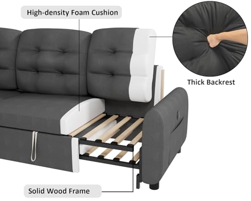 Ucloveria Sectional Sofa Couch, 87" Sleeper Sofa Bed with Reversible Storage Chaise Pull Out Couch for Living Room | Side Pocket | Charging Station | Removable Backrest | Linen Fabric, Dark Grey