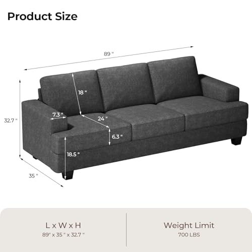 Fadware 89 Inch Couch, 3 Seater Couches with Deep Seats, Modern Grey Loveseat 3-Seat Sofa Couches for Living Room Apartment Lounge, Detachable Sofa Cover/Easy to Install