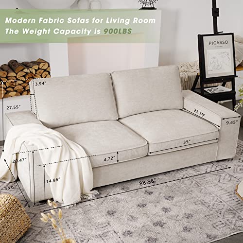 LEISLAND 88.58" Modern Sofas Couches for Living Room, Chenille Sofas & couches with Square Armrest, Removable Low-Back Sofa Cushion and Detachable Sofa Cover/Easy to Install(Beige)