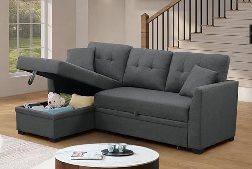 MMTGO 81.5" Convertible L-Shaped Sleeper Sofa with Pull Out Bed and Storage Chaise, 4 in 1 Linen Sectional Corner Couch for Living Room, Apartment, Bedroom, Office