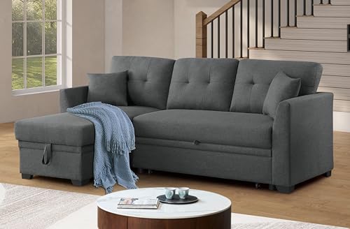 MMTGO 81.5" Convertible L-Shaped Sleeper Sofa with Pull Out Bed and Storage Chaise, 4 in 1 Linen Sectional Corner Couch for Living Room, Apartment, Bedroom, Office