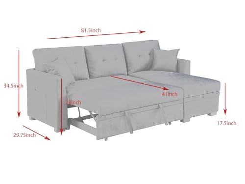MMTGO 81.5" Convertible L-Shaped Sleeper Sofa with Pull Out Bed and Storage Chaise, 4 in 1 Linen Sectional Corner Couch for Living Room, Apartment, Bedroom, Office