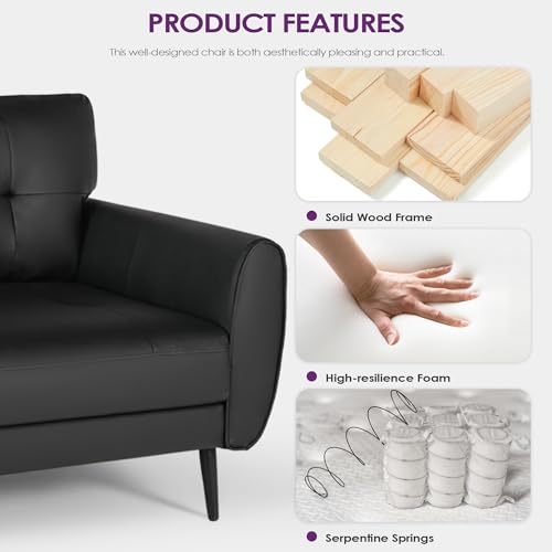 TYBOATLE Sofa Couch 61" Small Loveseat Couches for Living Room Leather Couch Mid Century Modern Tufted Mini Sofa Comfy Office 2 Seat Settee Love Seat Small Couches for Small Spaces Bedroom (1, Black)