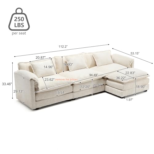GNIXUU 112" Oversized Sectional Sofa Cloud Couch for Living Room, Modern Chenille L Shaped Couch, Comfy Boucle Modular Sofa Sleeper with Moveable Ottoman & Memory Foam(Beige)