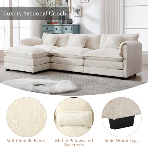 GNIXUU 112" Oversized Sectional Sofa Cloud Couch for Living Room, Modern Chenille L Shaped Couch, Comfy Boucle Modular Sofa Sleeper with Moveable Ottoman & Memory Foam(Beige)