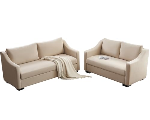 AMERLIFE Couch,Comfy Sofa Couch with Slope Armrests, 2 Piece Set Extra Deep Seat Sofa for Living Room, Apartment, Lounge Room,Beige