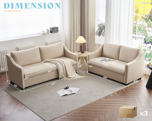 AMERLIFE Couch,Comfy Sofa Couch with Slope Armrests, 2 Piece Set Extra Deep Seat Sofa for Living Room, Apartment, Lounge Room,Beige