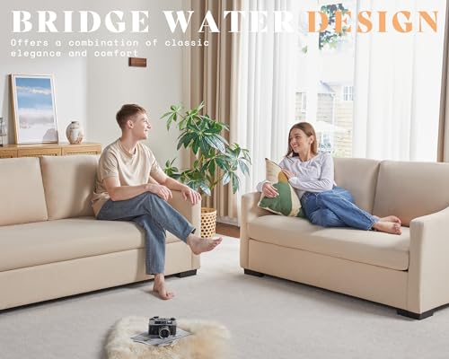 AMERLIFE Couch,Comfy Sofa Couch with Slope Armrests, 2 Piece Set Extra Deep Seat Sofa for Living Room, Apartment, Lounge Room,Beige