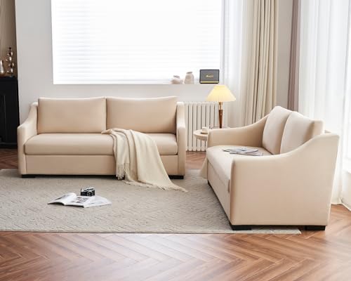 AMERLIFE Couch,Comfy Sofa Couch with Slope Armrests, 2 Piece Set Extra Deep Seat Sofa for Living Room, Apartment, Lounge Room,Beige