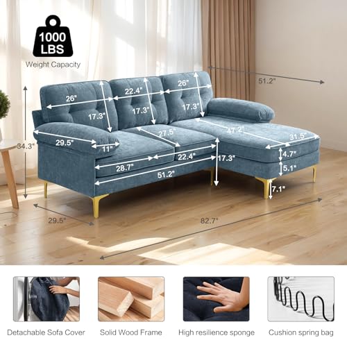 EASELAND 82" L-Shape Sofa with Reversible Chaise Lounge, Convertible Sectional Sofa Couch, Chenille Modern Sofa Couch for Living Room, Apartment and Office, Removable Cover