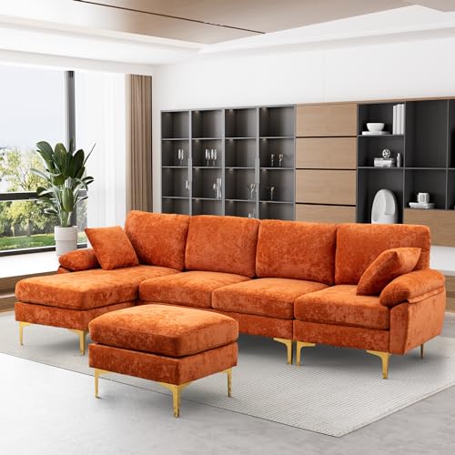 OUYESSIR U-Shaped Sectional Sofa Couch, 4 Seat Sofa Set for Living Room, Convertible L-Shaped Velvet Couch Set with Chaise Lounge, Ottoman and Pillows,114 inches (Orange)