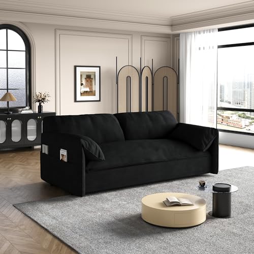 UPYOOE 63.8" Futon Sofa Bed Queen Size, Pull Out Bed, 3-in-1 Convertible Sleeper Sofa with Side Pocket, Modern Velvet Futon Couch for Living Room, Small Space, Apartment, Bedroom, Black