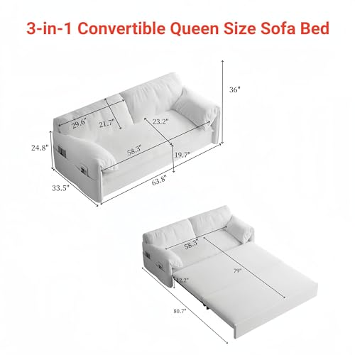 UPYOOE 63.8" Futon Sofa Bed Queen Size, Pull Out Bed, 3-in-1 Convertible Sleeper Sofa with Side Pocket, Modern Velvet Futon Couch for Living Room, Small Space, Apartment, Bedroom, Black