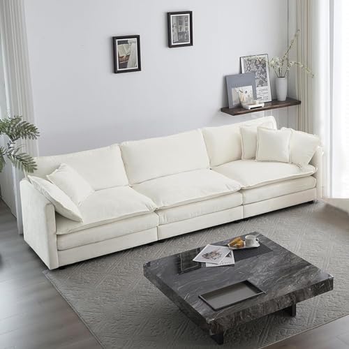 Tmsan 111.5" Oversized Deep Seat Sectional Sofa, Beige Modern Chenille Cloud Couch, Large 3 Seater Modular Sofa with 5 Pillows for Living Room Bedroom Apartment Office