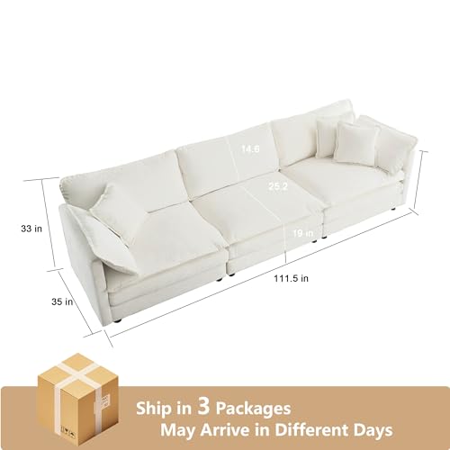 Tmsan 111.5" Oversized Deep Seat Sectional Sofa, Beige Modern Chenille Cloud Couch, Large 3 Seater Modular Sofa with 5 Pillows for Living Room Bedroom Apartment Office