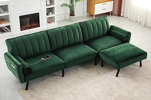 DURASPACE Velvet Sectional Convertible Sofa with Chaise, 106.5" L Shape Sectional Sofa Couch with USB, Split Back Folding Futon Couch for Living Room (Green)