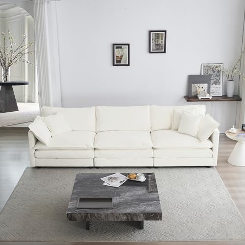 Tmsan 111.5" Oversized Deep Seat Sectional Sofa, Beige Modern Chenille Cloud Couch, Large 3 Seater Modular Sofa with 5 Pillows for Living Room Bedroom Apartment Office