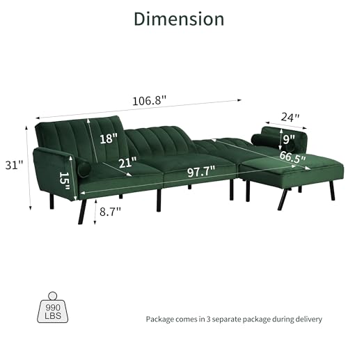DURASPACE Velvet Sectional Convertible Sofa with Chaise, 106.5" L Shape Sectional Sofa Couch with USB, Split Back Folding Futon Couch for Living Room (Green)