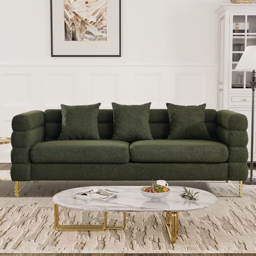 OUYESSIR Cloud Sofa Couch for Living Room, 79" Comfy Deep Seat Boucle Sherpa Sofa with 3 Pillows and Gold Legs, Modern Upholstered 3 Seater Large Loveseat for Bedroom Office, Olive Green Teddy