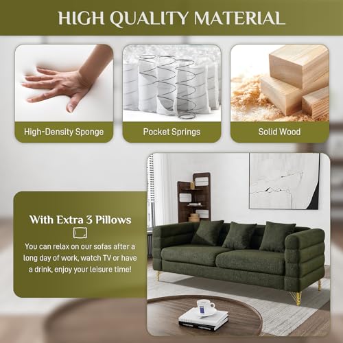 OUYESSIR Cloud Sofa Couch for Living Room, 79" Comfy Deep Seat Boucle Sherpa Sofa with 3 Pillows and Gold Legs, Modern Upholstered 3 Seater Large Loveseat for Bedroom Office, Olive Green Teddy