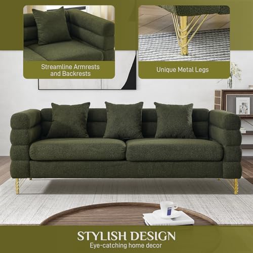 OUYESSIR Cloud Sofa Couch for Living Room, 79" Comfy Deep Seat Boucle Sherpa Sofa with 3 Pillows and Gold Legs, Modern Upholstered 3 Seater Large Loveseat for Bedroom Office, Olive Green Teddy