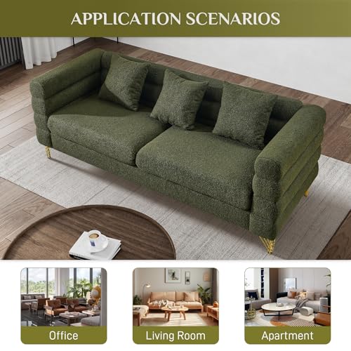 OUYESSIR Cloud Sofa Couch for Living Room, 79" Comfy Deep Seat Boucle Sherpa Sofa with 3 Pillows and Gold Legs, Modern Upholstered 3 Seater Large Loveseat for Bedroom Office, Olive Green Teddy