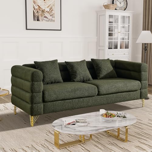 OUYESSIR Cloud Sofa Couch for Living Room, 79" Comfy Deep Seat Boucle Sherpa Sofa with 3 Pillows and Gold Legs, Modern Upholstered 3 Seater Large Loveseat for Bedroom Office, Olive Green Teddy