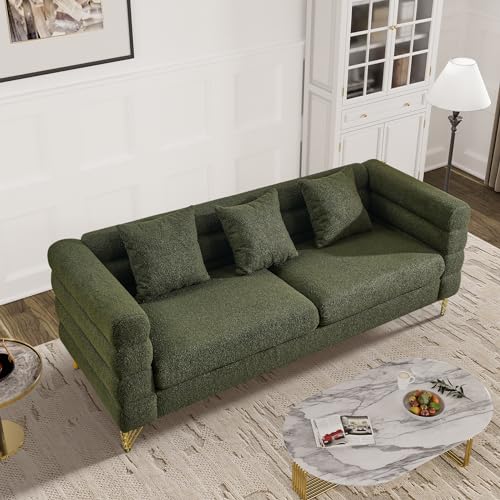 OUYESSIR Cloud Sofa Couch for Living Room, 79" Comfy Deep Seat Boucle Sherpa Sofa with 3 Pillows and Gold Legs, Modern Upholstered 3 Seater Large Loveseat for Bedroom Office, Olive Green Teddy