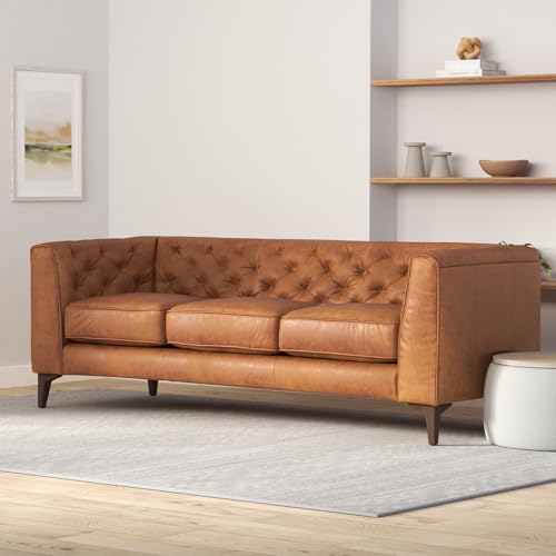 Poly & Bark Essex Leather Couch – 89-Inch Sofa with Tufted Back - Full Grain Leather Couch with Feather-Down Topper On Seating Surfaces – Vintage Pure-Aniline Italian Leather – Cognac Tan