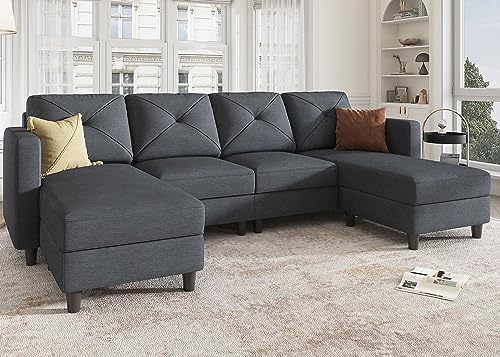 HONBAY Convertible Sectional Sofa U Shaped Couch 4 Seat Sofa with Double Chaises for Living Room, Bluish Grey