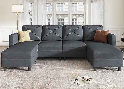 HONBAY Convertible Sectional Sofa U Shaped Couch 4 Seat Sofa with Double Chaises for Living Room, Bluish Grey