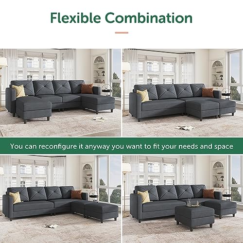 HONBAY Convertible Sectional Sofa U Shaped Couch 4 Seat Sofa with Double Chaises for Living Room, Bluish Grey