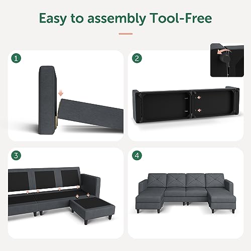 HONBAY Convertible Sectional Sofa U Shaped Couch 4 Seat Sofa with Double Chaises for Living Room, Bluish Grey