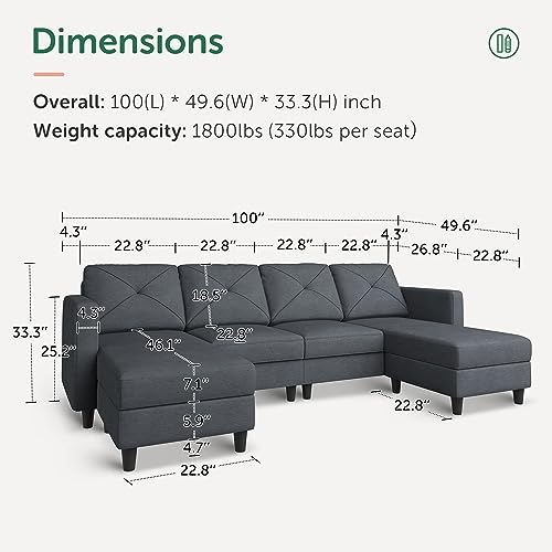 HONBAY Convertible Sectional Sofa U Shaped Couch 4 Seat Sofa with Double Chaises for Living Room, Bluish Grey
